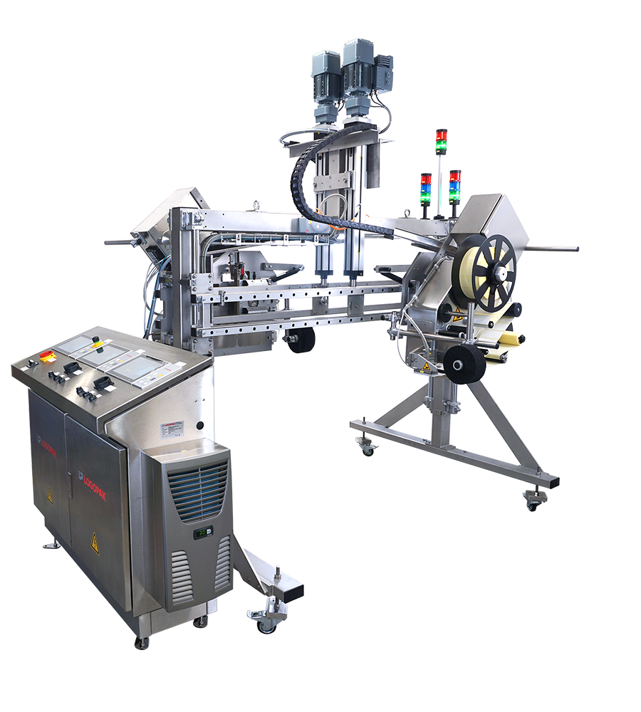 Logopak Tandem-Etikettiersystem
Portalgestell für ein Tandem-Etikettiersystem, das abwechselnd Etiketten auf Produkte aufbringt.
